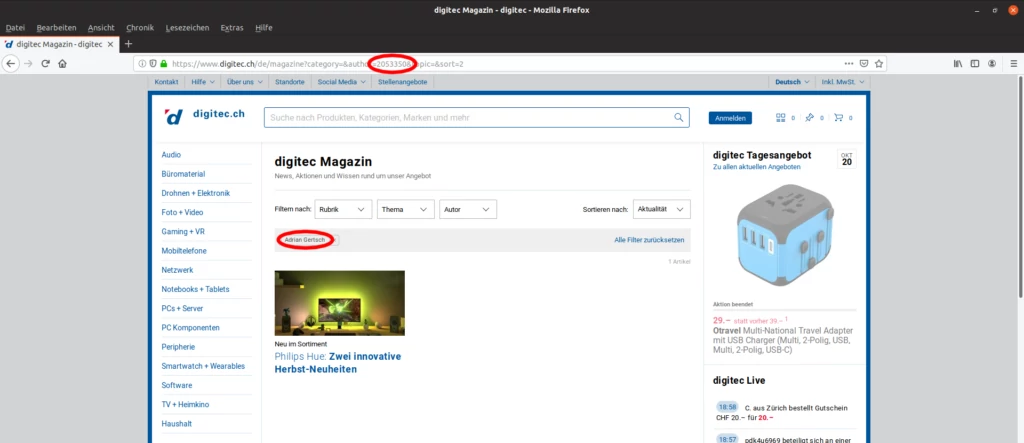 Die Seite des Magazins nach Anwendung eines Filters. Hier lässt sich erkennen, dass in der in der URL eine ID gesendet und der Name des Autors angezeigt wird.