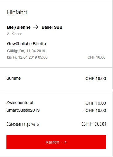 Ein Ticket im SBB-Webshop, das aufgrund dem Ausnutzen einer Sicherheitslücke gratis ist.