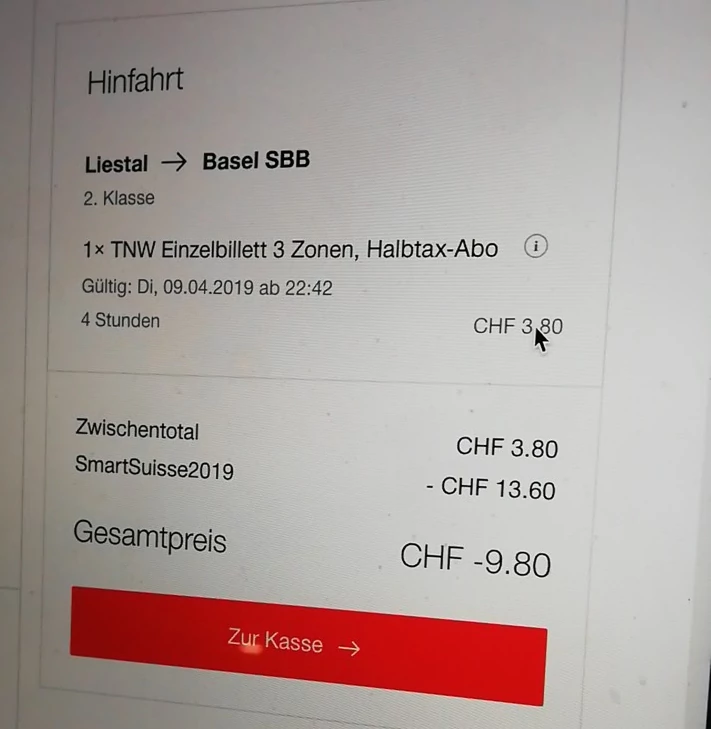 Ein Ticket im SBB-Webshop, dessen Preis negativ ist